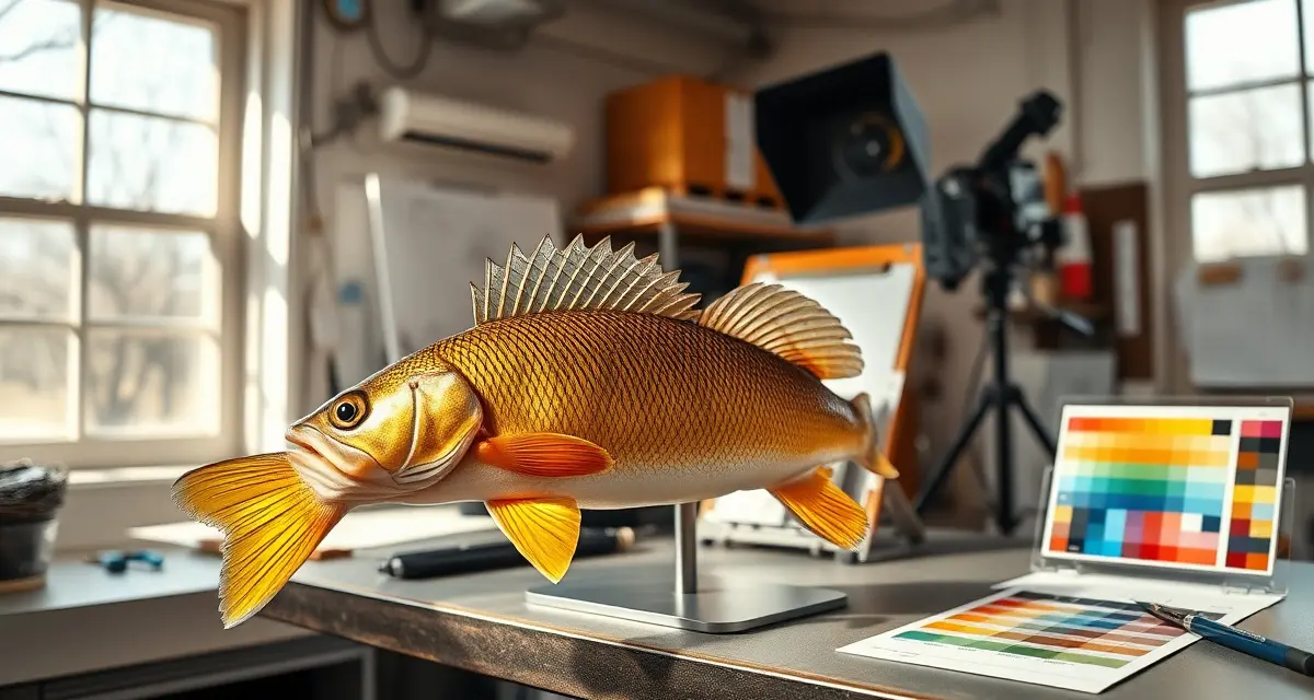 Fish color reference documentation for taxidermists Vibrant walleye fish color reference showing gold and olive iridescent coloring for taxidermy specimen documentation