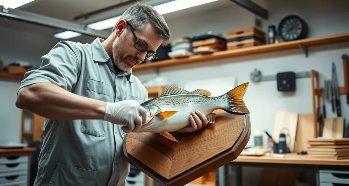 Fish mount pricing and taxidermy craftsmanship example Professional fish mount display showing detailed taxidermy work on a largemouth bass replica mounted on wooden plaque.