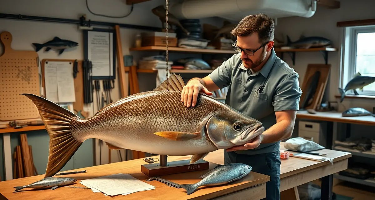 Specialized software for fish taxidermy shops Fish mount taxidermy specialist measuring and documenting fish specimen dimensions for accurate form selection and replica mounting