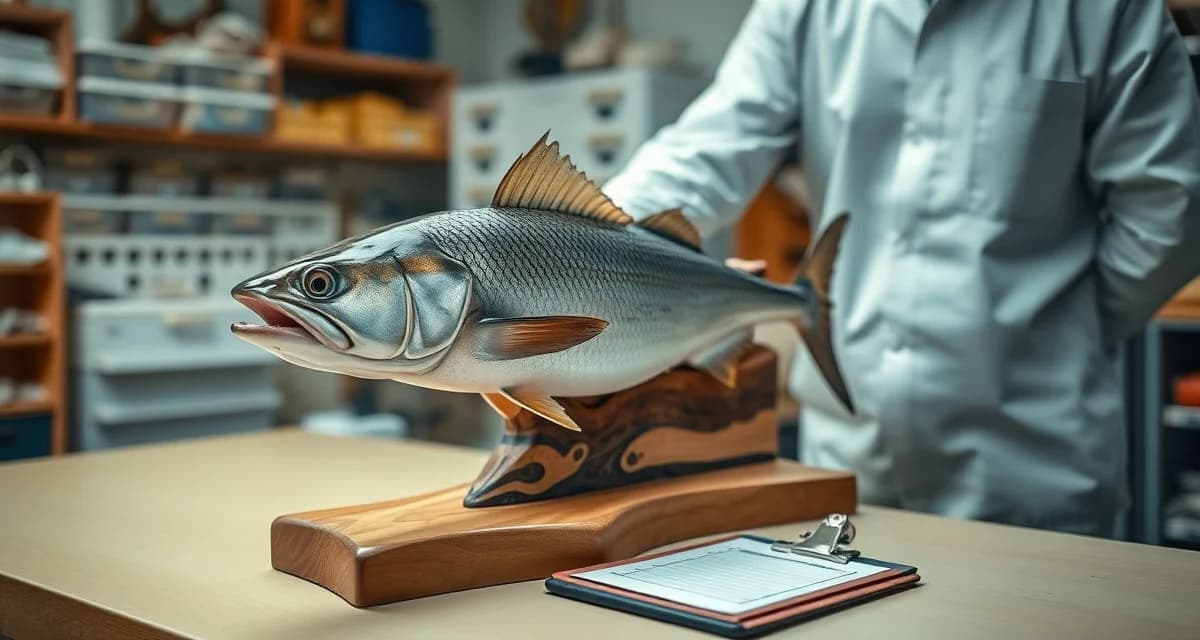 Fish replica and skin mount production tracking Fish mount tracking system showing replica and skin mount specimens organized in a professional taxidermy workshop with job management documentation