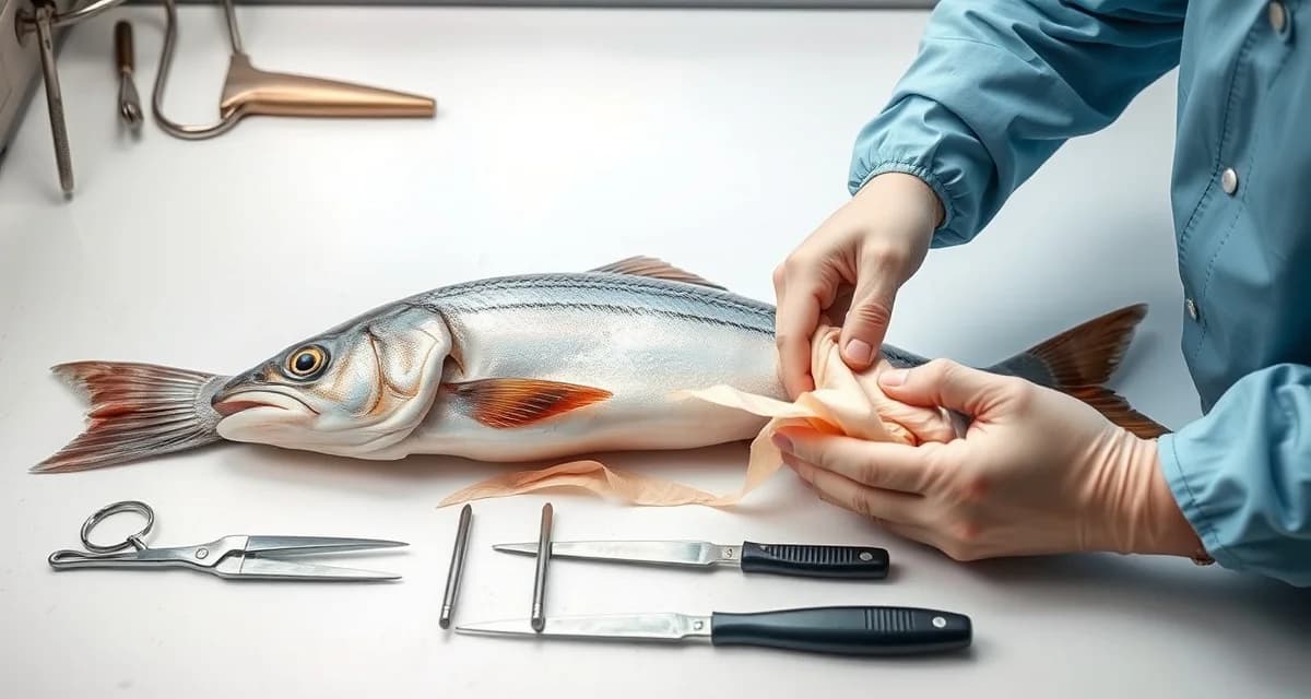 Fish skin preparation steps for quality taxidermy mounts Professional taxidermist demonstrating proper fish skin preparation technique on fresh fish specimen with specialized fleshing tools