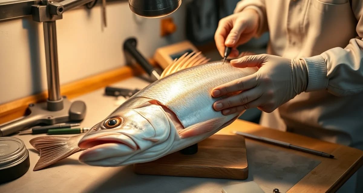 Professional fish mounting and taxidermy preparation Expert taxidermist mounting a fish specimen on a professional workbench demonstrating fresh vs frozen fish mounting techniques.
