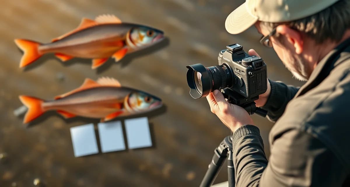 Fish intake photography techniques for taxidermists Professional fish photography setup for taxidermy intake showing multiple camera angles and reference lighting for AI color matching