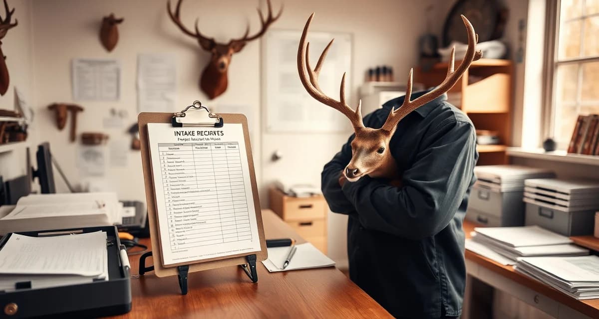 Florida taxidermist records management Organized taxidermy intake records and compliance documentation for Florida deer specimens with FWC requirements clearly displayed