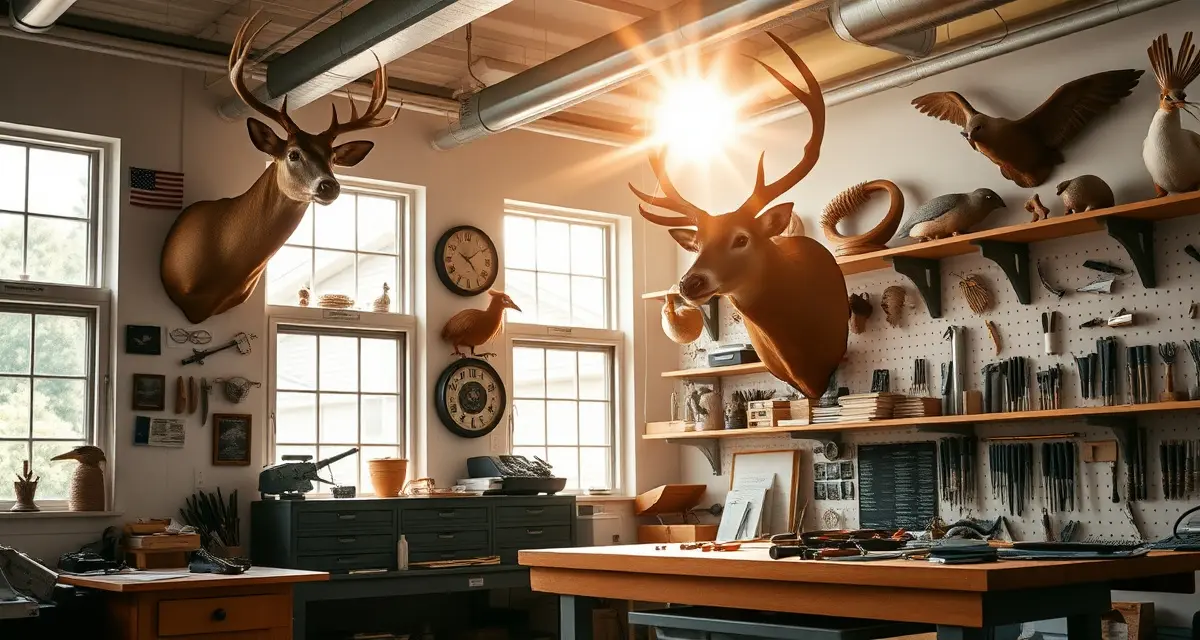 Modern taxidermy workspace setup Professional taxidermy shop workspace in Florida with mounted specimens and organized workbench for efficient shop management