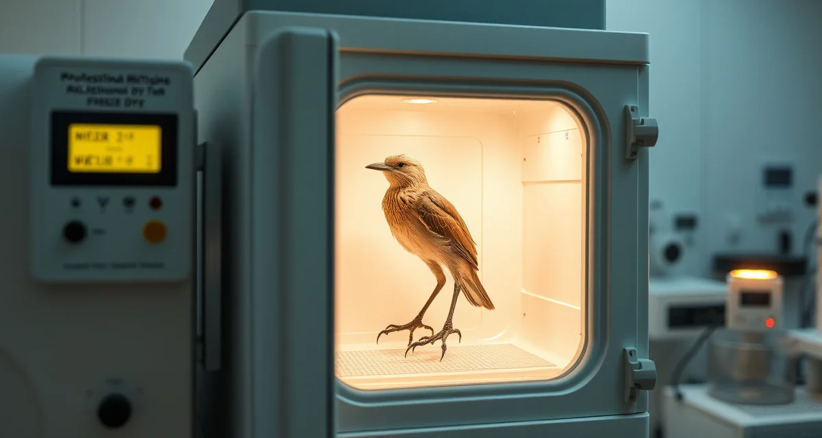 Modern freeze-dry equipment for lifelike taxidermy preservation Freeze-dry taxidermy chamber preserving a bird specimen through sublimation process in professional studio