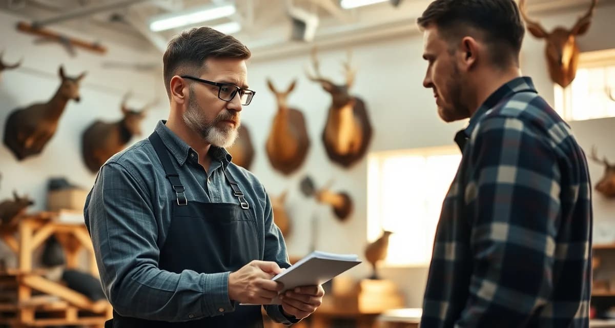 Customer service best practices for taxidermy business delays Taxidermy shop owner calmly discussing project timeline with upset customer in professional workshop environment with mounted displays.