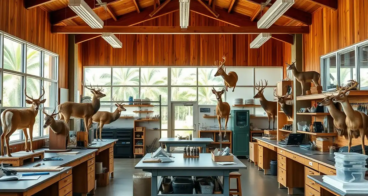 Modern taxidermy workshop setup for Hawaii businesses Professional taxidermy shop in Hawaii featuring mounted axis deer and organized workbenches with management software integration