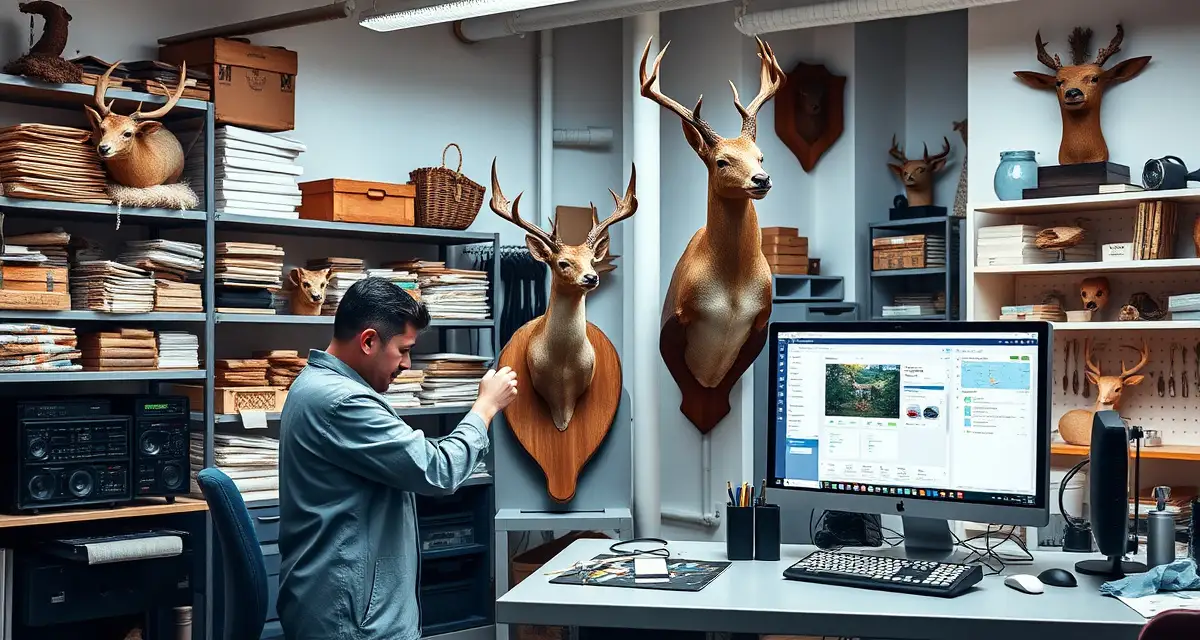 Professional taxidermy workshop management system Organized taxidermy production shop with mounted specimens and digital management software displayed on computer workstation