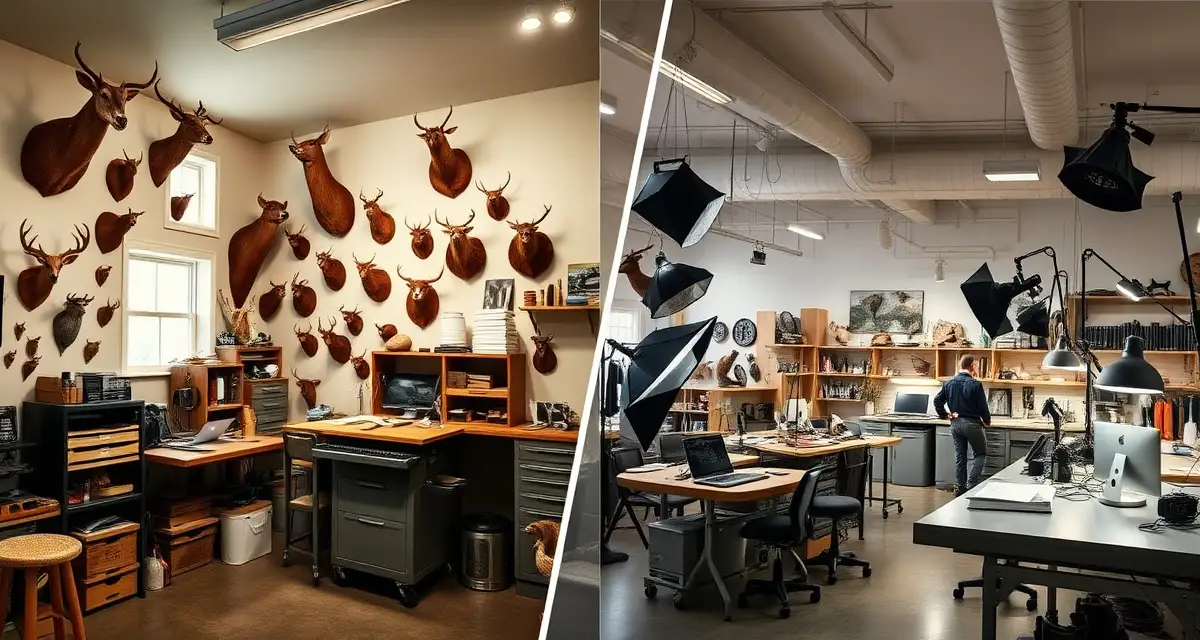 Home vs Commercial Taxidermy Business Spaces Comparison of home taxidermy studio and commercial taxidermy shop workspace setups side by side