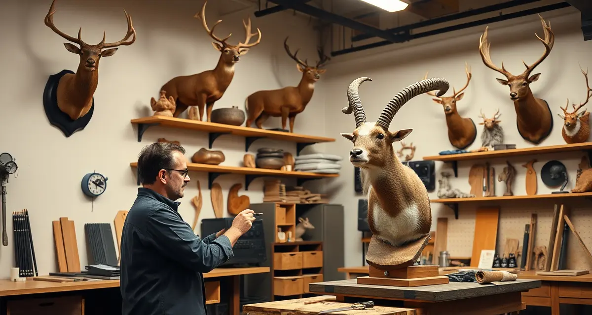 Idaho Taxidermy Shop Management Workflow Professional taxidermist working on elk and mountain goat mounts in a modern Idaho taxidermy shop with proper documentation systems