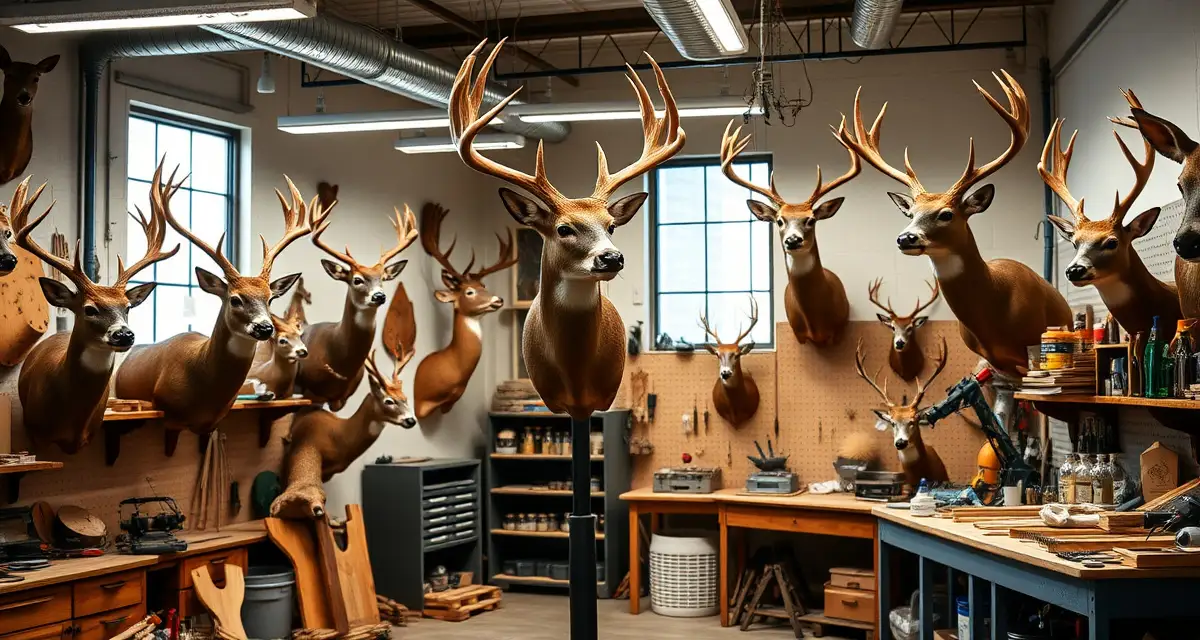 Trophy deer taxidermy preparation for Illinois hunters Professional taxidermist workspace displaying mounted whitetail deer during Illinois deer season preparation