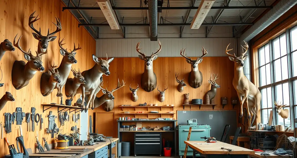 Taxidermy shop interior with professional mount displays Modern taxidermy shop workspace with mounted whitetail deer displays and organized equipment for Illinois deer season management
