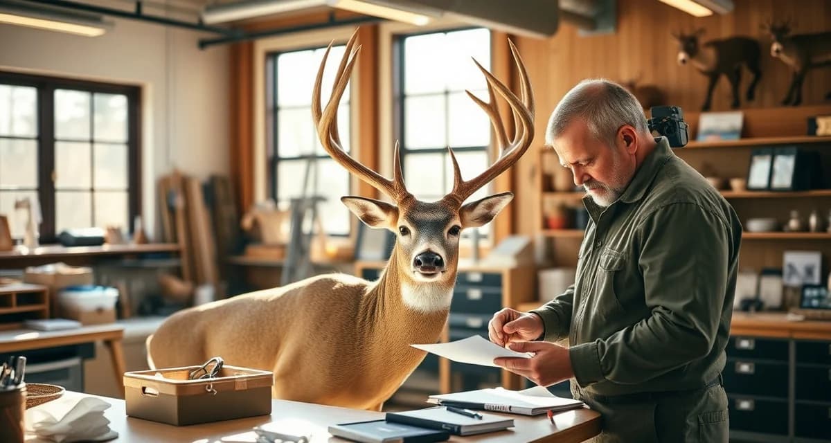 Deer season intake preparation for Indiana taxidermy shops Professional taxidermist preparing a whitetail deer mount at intake station during Indiana deer season preparation.