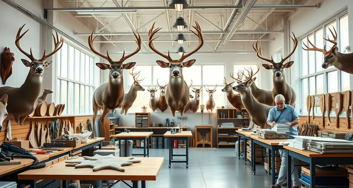 Professional taxidermy business setup for seasonal management Modern taxidermy shop workspace with mounted deer displays and organized management tools for Indiana hunting season