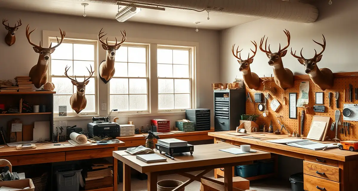 Professional deer season preparation setup for Iowa taxidermy shops Iowa taxidermist workspace with mounted whitetail deer and season preparation materials organized for peak hunting season intake.