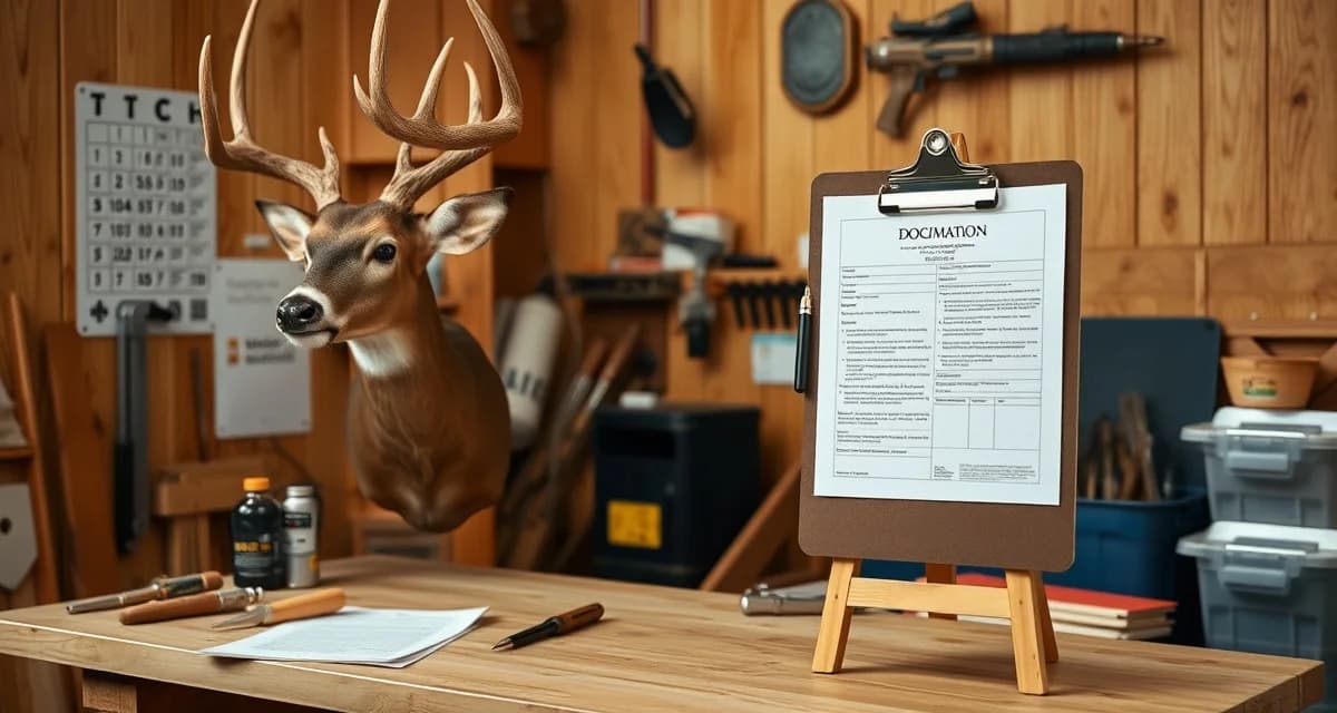 Professional deer taxidermy record keeping setup Iowa taxidermist reviewing deer specimen records and DNR documentation at professional workbench with mounted deer head