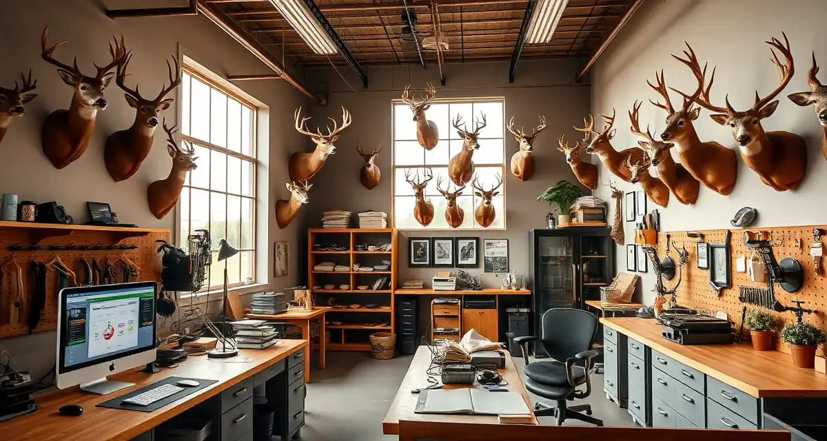 Professional taxidermy shop management solutions Modern Iowa taxidermy shop with mounted whitetail deer and digital customer portal management system for out-of-state hunters