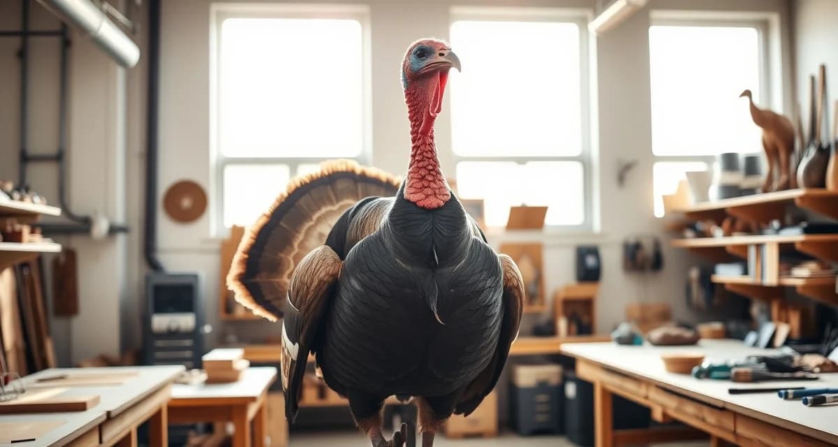 Spring turkey taxidermy mount for Iowa shops Professional wild turkey taxidermy mount displayed in an Iowa taxidermy shop during spring season preparation with detailed featherwork visible.