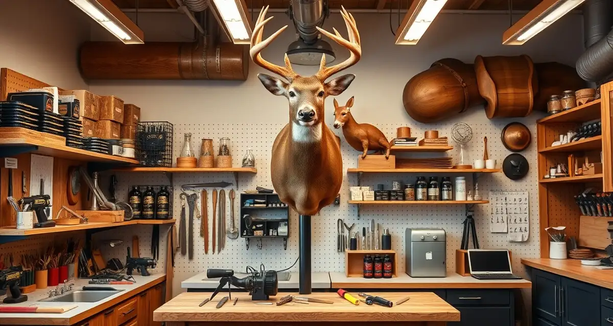 Professional taxidermy business setup in Kansas Modern taxidermy shop workspace with mounted whitetail deer and organized tools for Kansas taxidermists using shop management software