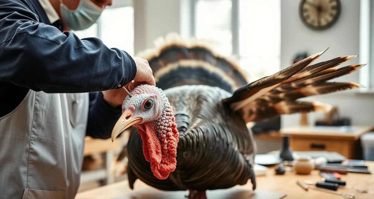 Kansas spring turkey mounting preparation Professional taxidermist examining a mounted Eastern turkey with detailed feather work and glass eyes in a Kansas workshop.