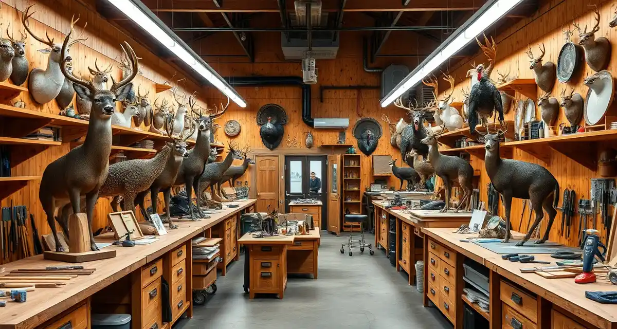 Kentucky taxidermy shop management workspace Modern taxidermy shop workspace in Kentucky with organized workstations, mounted specimens, and professional equipment for seasonal deer and turkey processing