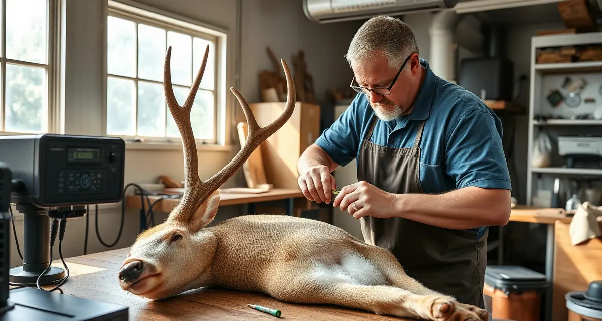 Expert cape processing techniques for Louisiana heat Louisiana taxidermist processing fresh deer cape during warm weather season preparation with proper temperature control equipment.