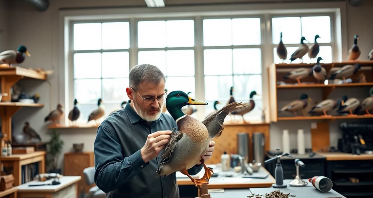 Waterfowl taxidermy preparation in Louisiana Professional taxidermist preparing a mallard duck mount during Louisiana's waterfowl season with proper documentation and federal permits