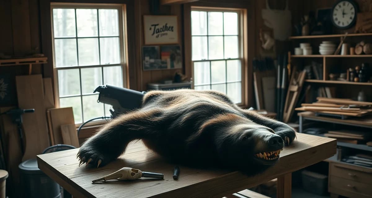 Bear mount preparation workflow for Maine taxidermists Professional taxidermist preparing black bear hide and skull for mounting during Maine bear season with specialized tools and documentation