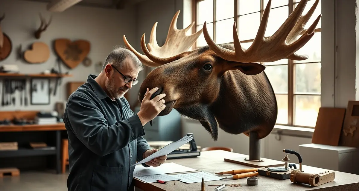 Professional Taxidermy Documentation and Moose Mount Management Maine taxidermist documenting moose mount with proper MDIFW paperwork and specialized care in professional workshop setting.