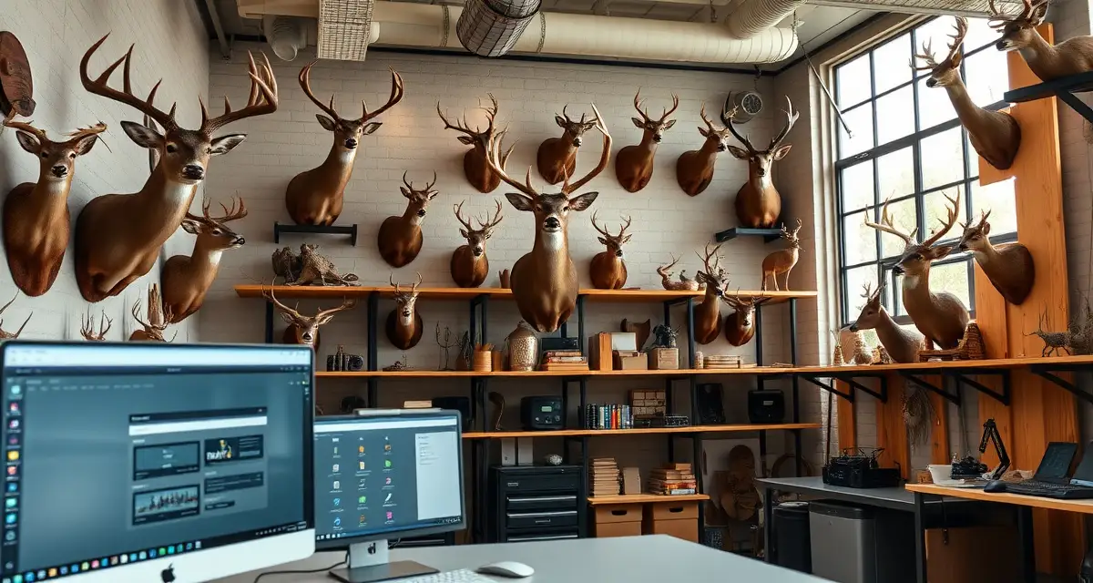 MountChief taxidermy management platform for Maryland shops Taxidermy shop management software interface displayed in a professional Maryland taxidermy workshop with mounted deer displays and organized inventory systems.