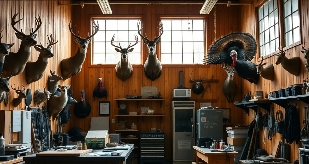 Modern taxidermy shop setup with wildlife mounts Professional taxidermy shop workspace in Massachusetts featuring mounted deer and turkey displays with organized management systems