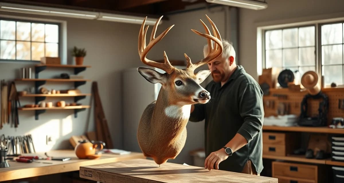 Deer season preparation workspace for Michigan taxidermy shops Michigan taxidermist preparing whitetail deer mount during peak hunting season preparation in professional shop setting.