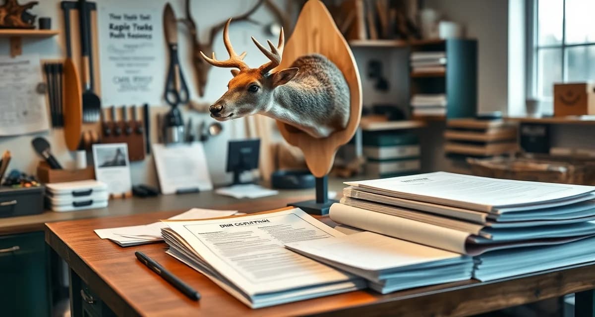 Michigan taxidermy business compliance setup Organized taxidermy business workspace showing compliance documentation and DNR record-keeping materials for Michigan taxidermists
