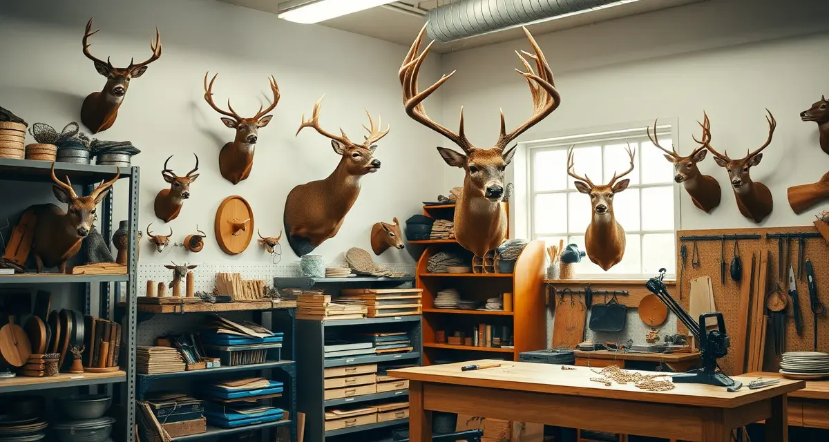 Professional taxidermy shop setup with organized specimen displays Organized taxidermy shop workspace showing mounted deer specimens and management systems during Michigan's peak hunting season.