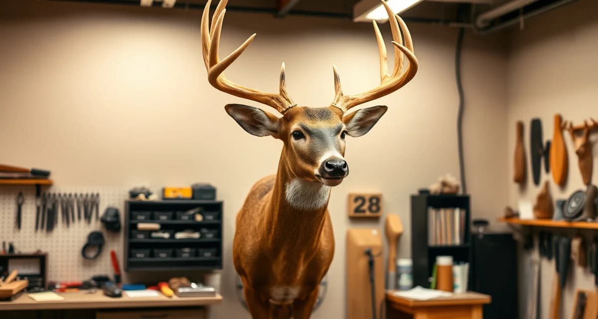 Mounted whitetail deer taxidermy display Professional taxidermy shop displaying mounted whitetail deer heads, showcasing Midwest trophy deer preparation and management