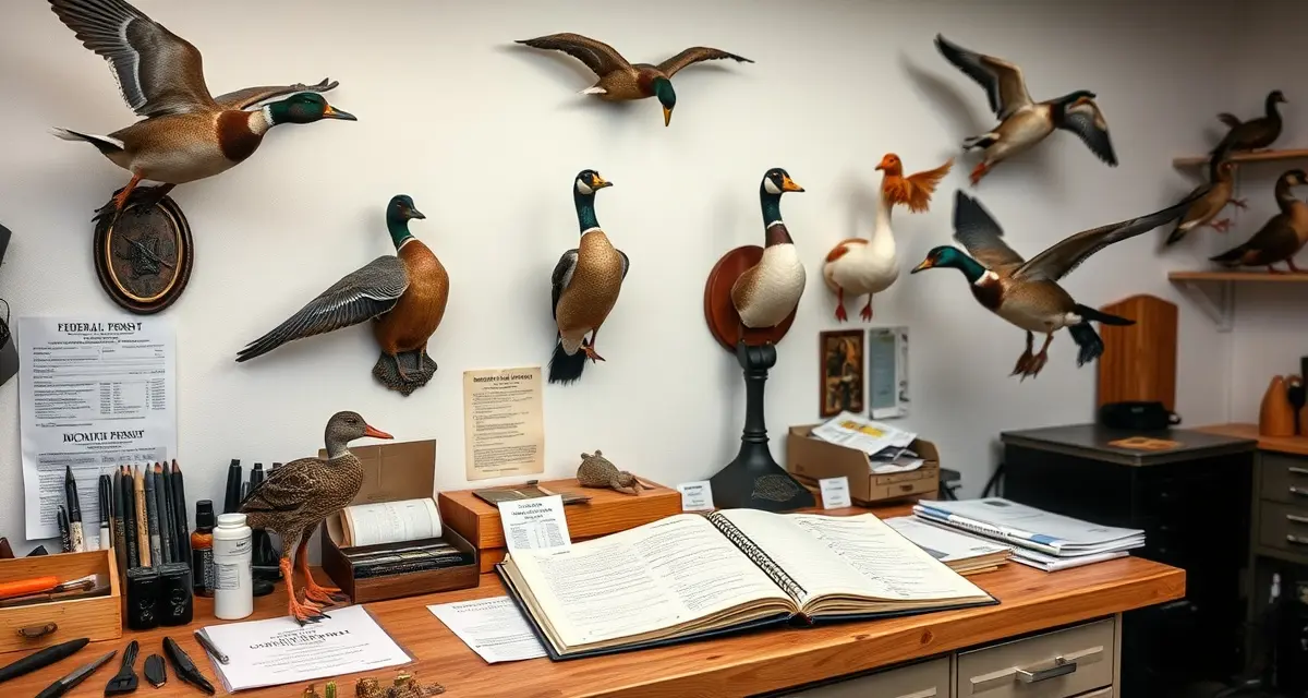 Federal permit requirements for migratory bird taxidermy Taxidermist workspace showing mounted migratory birds with federal permit documentation and compliance record-keeping materials for USFWS regulations