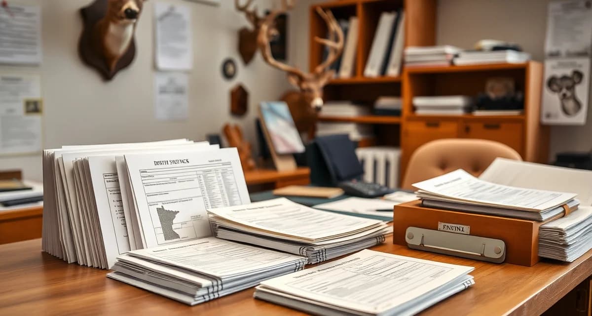 Professional deer taxidermy records management setup Organized taxidermist record-keeping station showing Minnesota deer licensing documentation and possession logs required for compliance