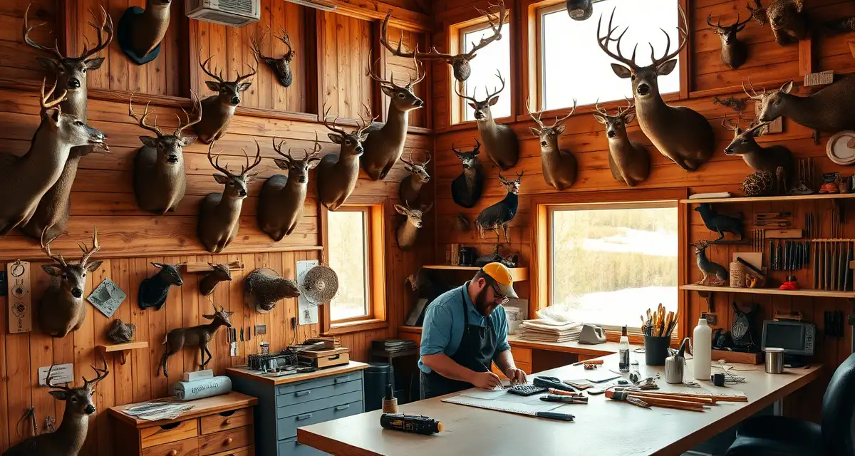 Taxidermy shop management in Minnesota Professional taxidermist working in a Minnesota shop with mounted deer and wildlife specimens, demonstrating modern taxidermy shop management