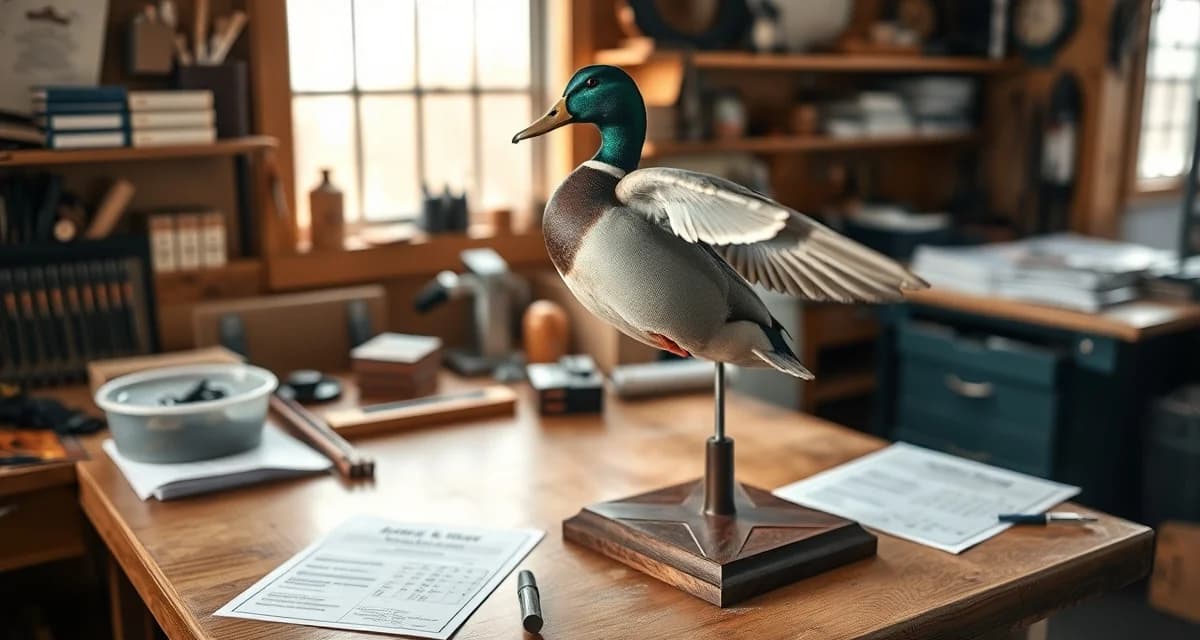 Waterfowl taxidermy preparation setup Mounted mallard duck with Minnesota waterfowl season documentation and federal migratory bird permits on taxidermy shop workbench