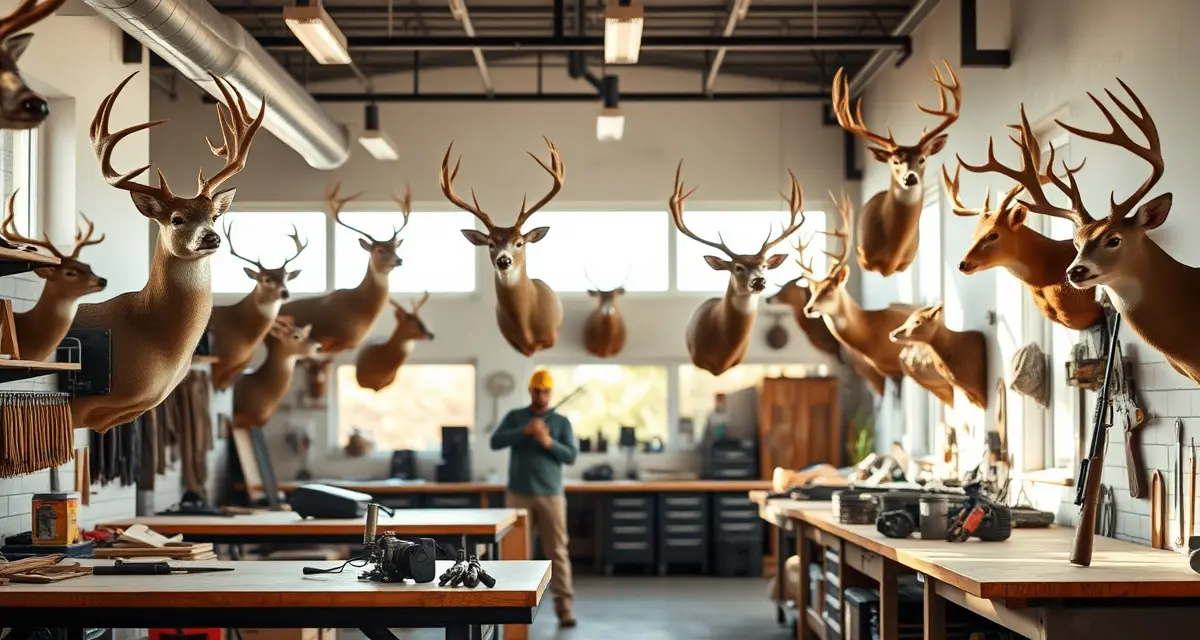 Modern taxidermy shop workspace with deer mounts and management systems Professional taxidermy shop in Mississippi with mounted deer and organized workbenches for managing high-volume seasonal intake