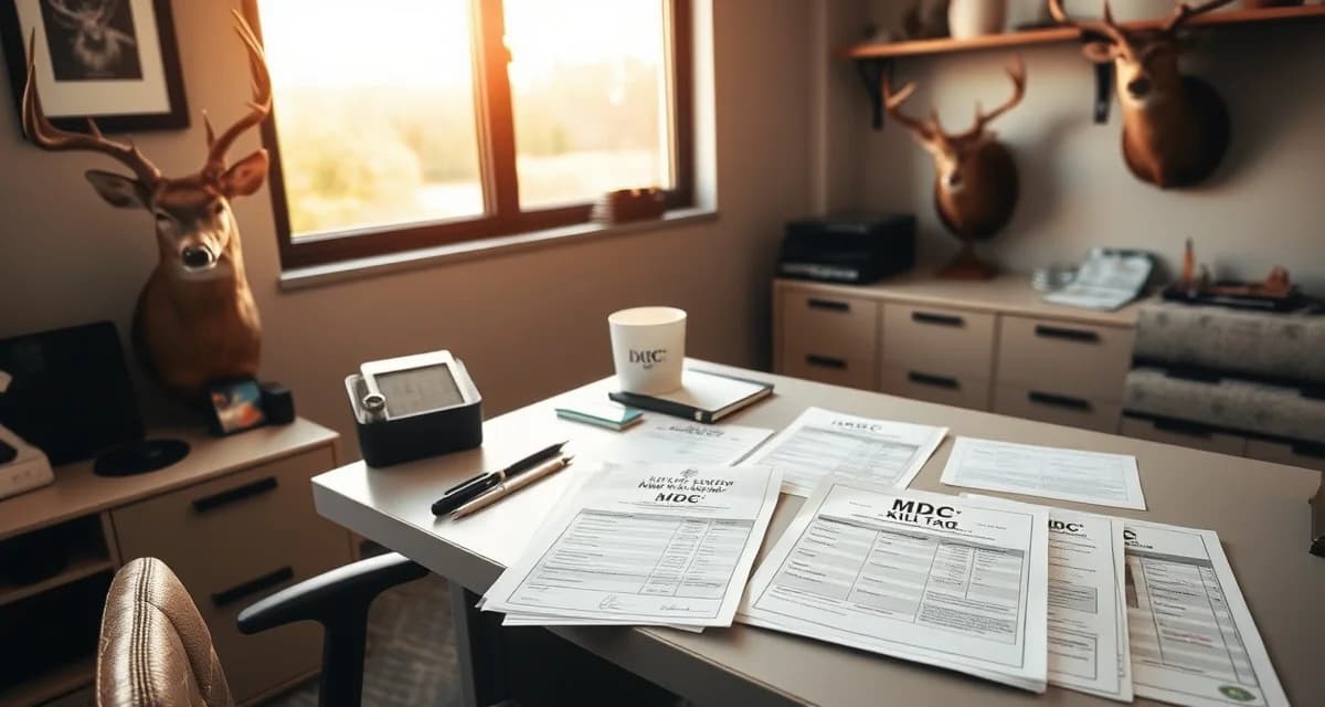 Professional deer records management for Missouri taxidermists Missouri taxidermist organizing deer intake records with MDC kill tags and compliance documentation on a professional workstation desk.