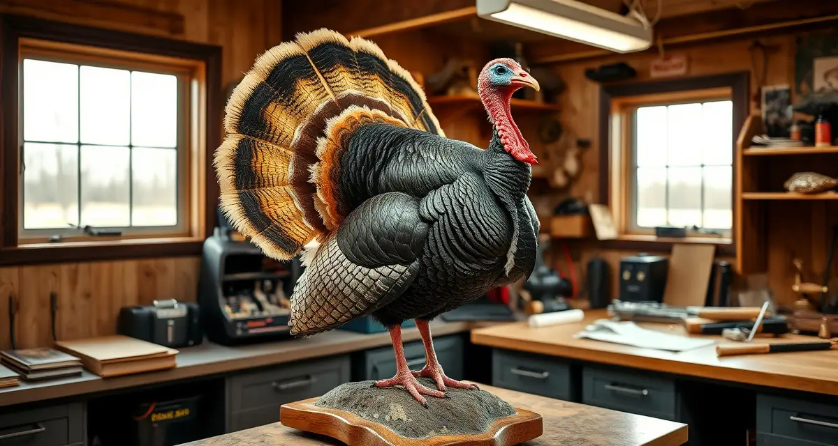 Turkey season preparation for Missouri taxidermy shops Professional turkey mount display in taxidermy shop during Missouri spring season preparation