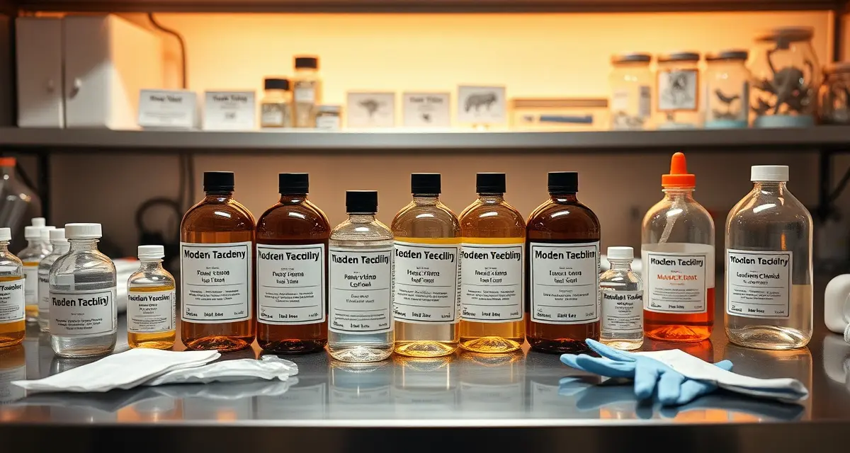 Safe taxidermy chemical alternatives Modern taxidermy preservation chemicals in labeled bottles with proper safety equipment on professional workbench