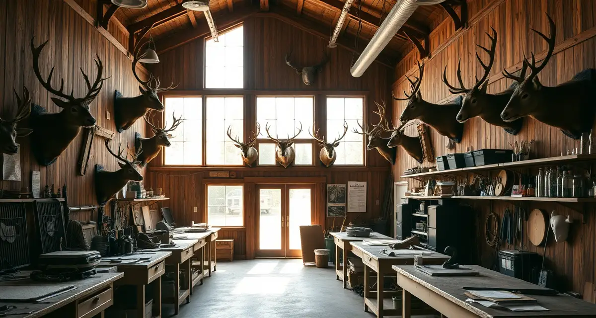 Professional taxidermy workspace for elk hunting season Montana taxidermy shop with professional elk mounts and organized workspace for elk season preparation