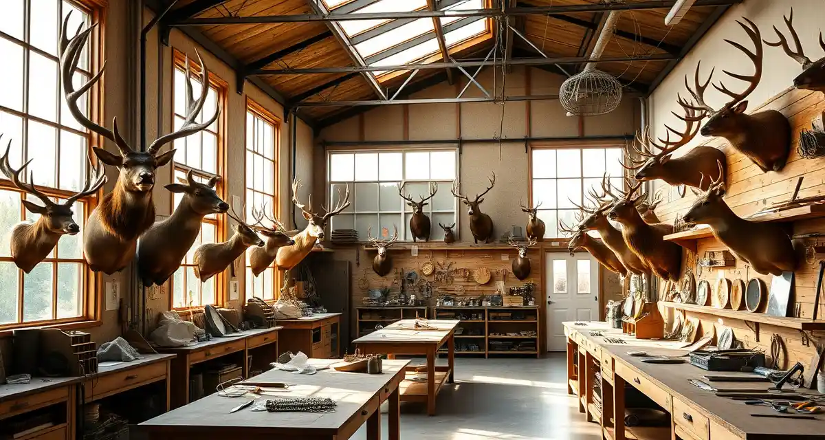 Taxidermy shop workflow management Professional Montana taxidermy shop with organized elk capes and mounted specimens on display benches and walls