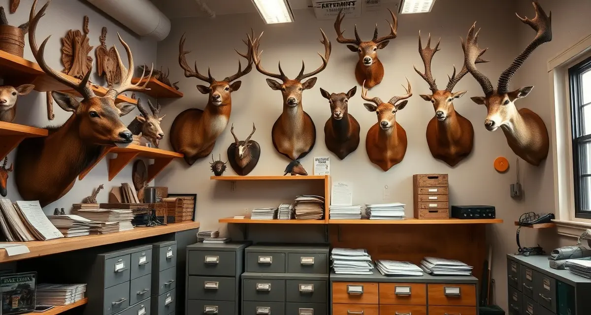 Taxidermy compliance requirements for Mountain West states Mountain West taxidermy compliance documentation and mounted wildlife specimens organized in professional shop setting with state-specific permit records