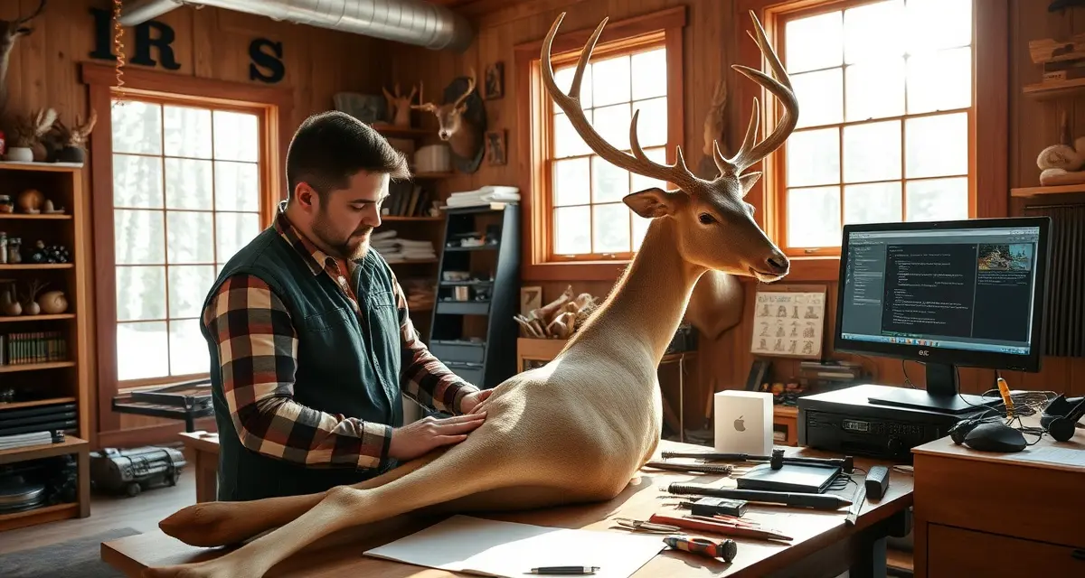 Purpose-built software for Colorado, Wyoming, Montana taxidermy shops Taxidermy shop owner using specialized software to manage high-value mounts and complex logistics in a Mountain West workshop