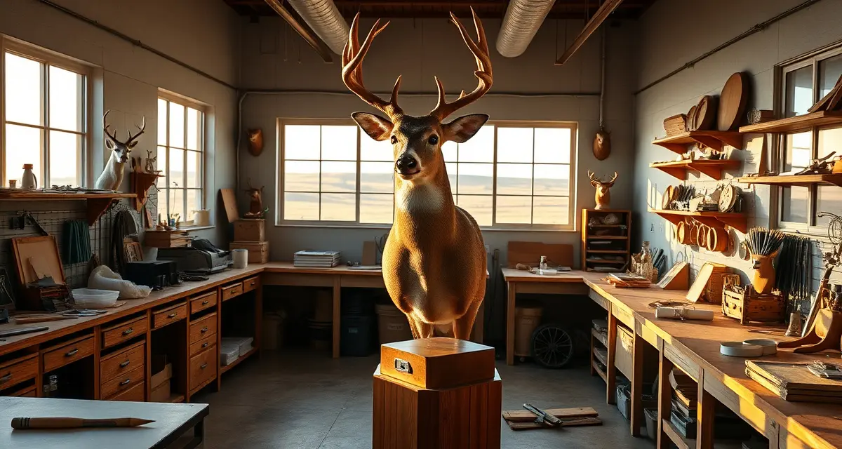 Nebraska deer taxidermy seasonal preparation workspace Professional taxidermy workshop with mounted whitetail deer displaying Nebraska trophy hunting craftsmanship and seasonal preparation setup.