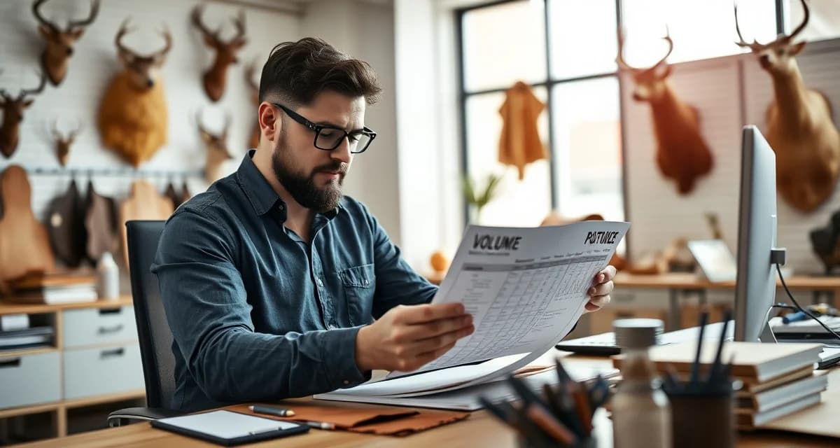 Tannery pricing negotiation strategy for taxidermy businesses Taxidermy shop manager negotiating tannery pricing with volume documentation and contract details visible on desk